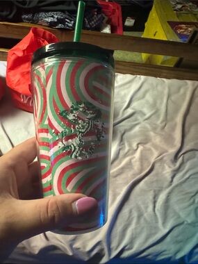 Starbucks Red, Green & White Swirl Reusable Tumbler with Straw